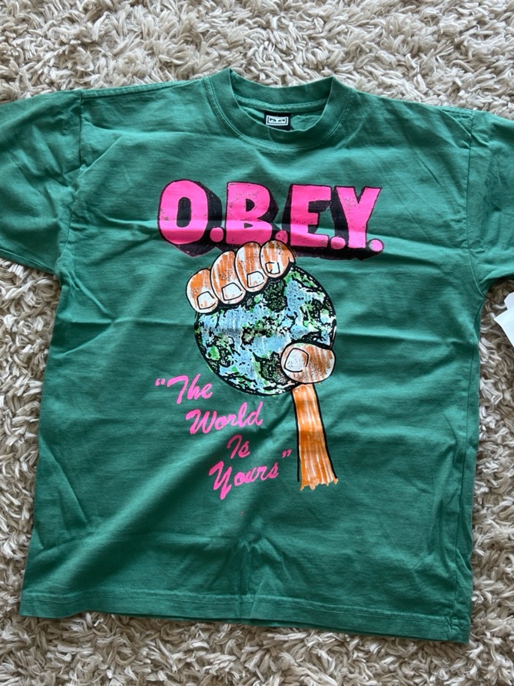 Obey Green Tee with Pink Logo and Multicolor Earth Graphic